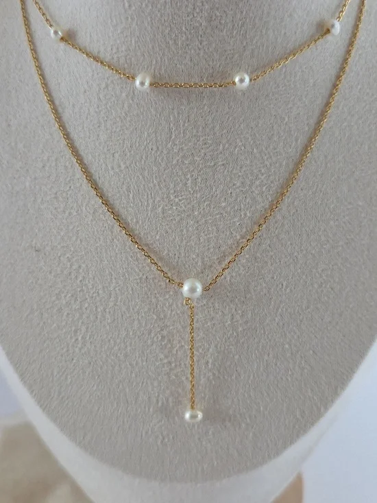 J.CREW Double Chain Gold And Pearl Necklace - Picture 2 of 5